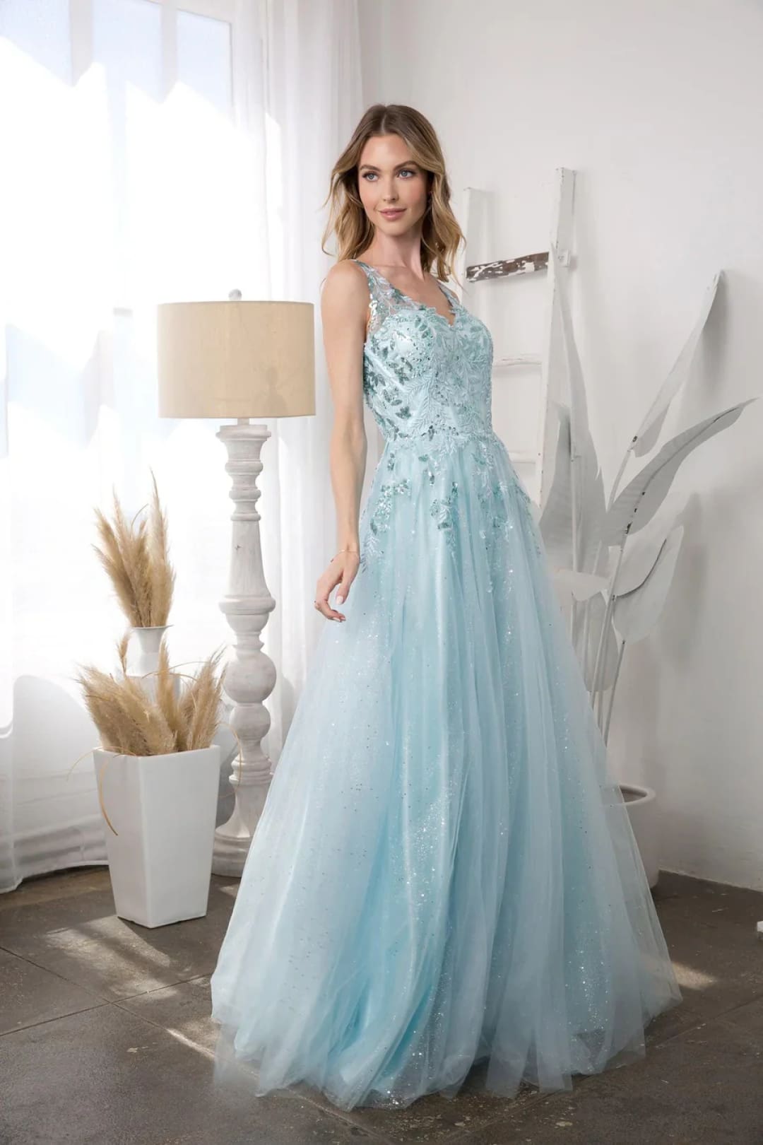 Eva USA 5244 Long Sleeveless Formal Prom Dress - Ice Blue / XS - Prom Dresses