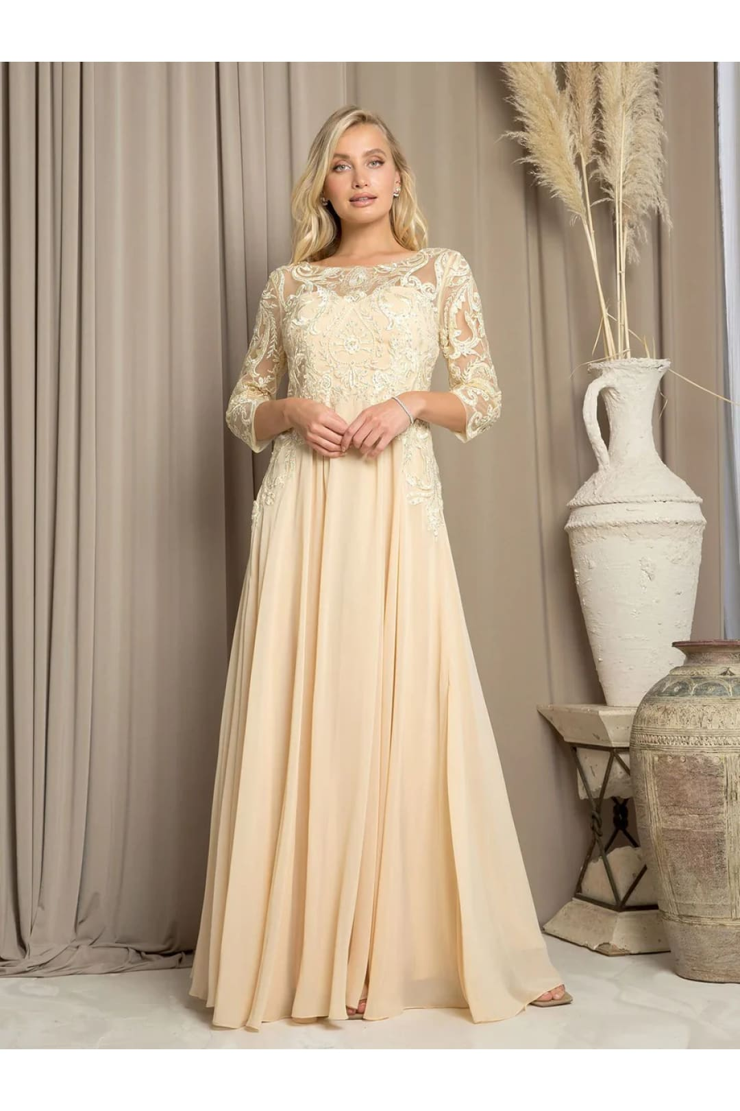 Eva USA 5248 Long Formal Mother of the Bride Dress - Champagne / S - Mother of the Bride Dresses