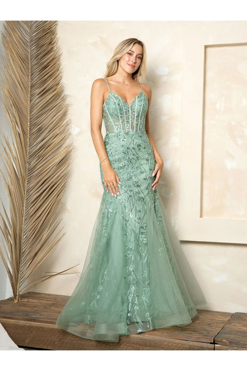 Eva USA 5251 Long Mermaid Formal Prom Dress - Sage / XS - Prom Dresses