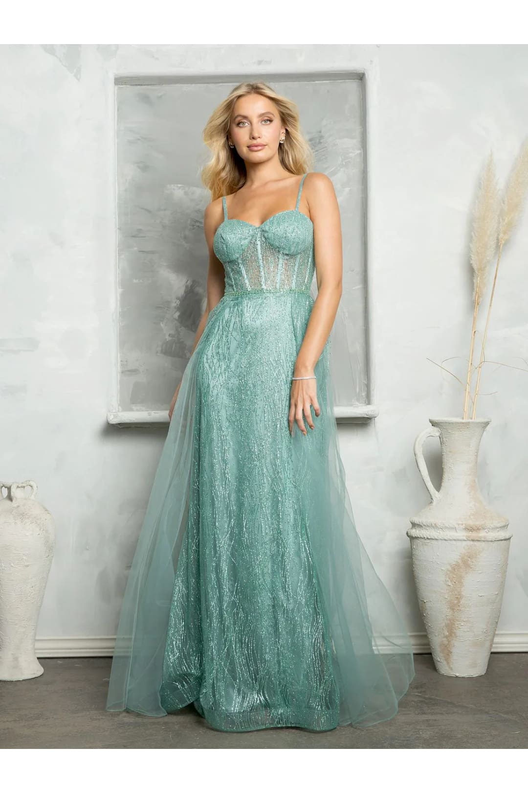 Eva USA 5252 Long Glitter Formal Prom Dress - Sage / XS - Prom Dresses