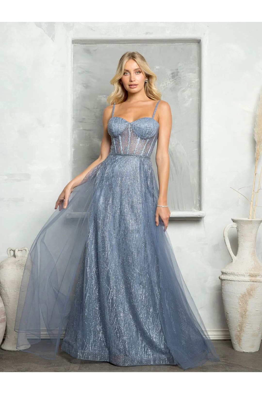 Eva USA 5252 Long Glitter Formal Prom Dress - Smokey Blue / XS - Prom Dresses