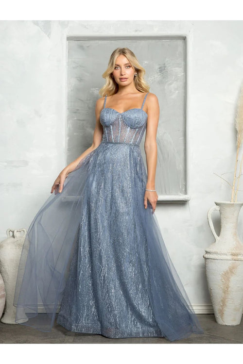 Eva USA 5252 Long Glitter Formal Prom Dress - Smokey Blue / XS - Prom Dresses