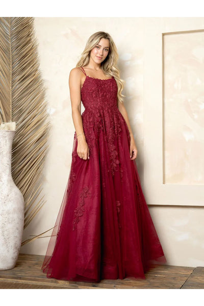 Eva USA 5254 Long A Line Ball Gown Evening Prom Dress - Burgundy / S - Prom Dresses