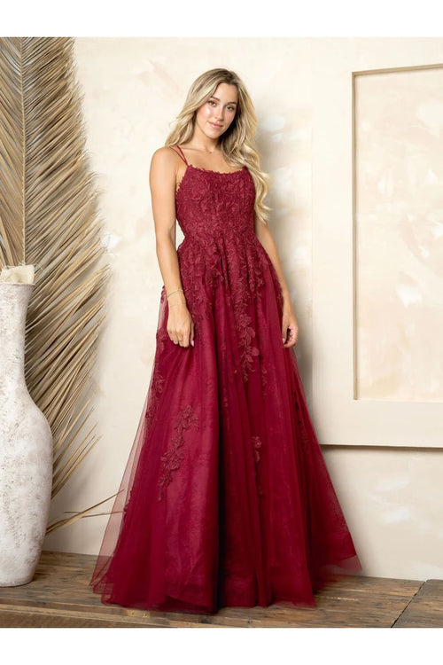 Eva USA 5254 Long A Line Ball Gown Evening Prom Dress - Burgundy / S - Prom Dresses