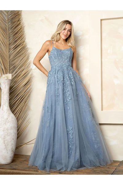Eva USA 5254 Long A Line Ball Gown Evening Prom Dress - Smokey Blue / S - Prom Dresses