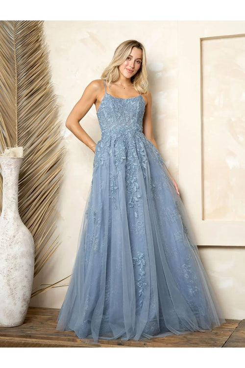 Eva USA 5254 Long A Line Ball Gown Evening Prom Dress - Smokey Blue / S - Prom Dresses