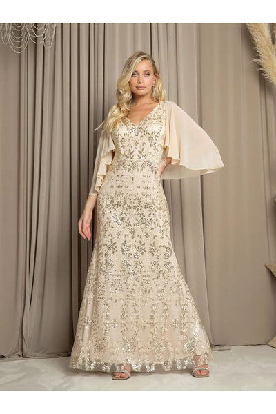 Eva USA 5255 Long Formal Mother of the Bride Cape Dress - Champagne / S - Mother of the Bride Dresses