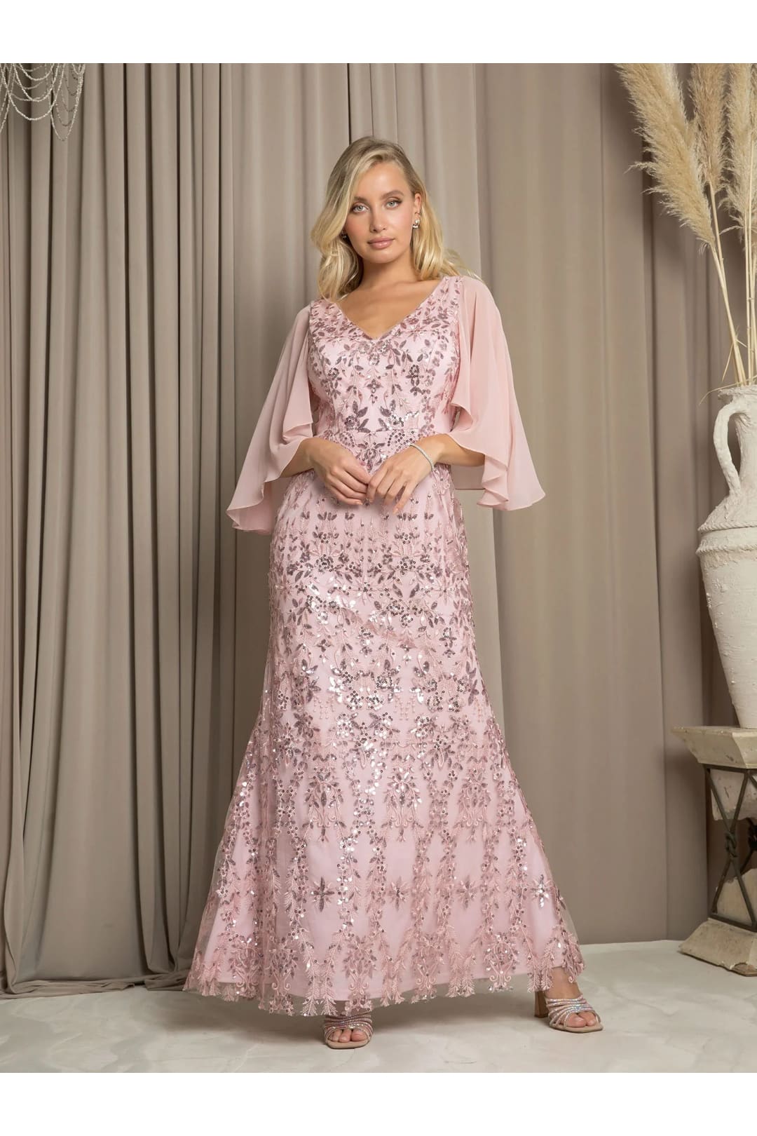 Eva USA 5255 Long Formal Mother of the Bride Cape Dress - Dusty Rose / S - Mother of the Bride Dresses
