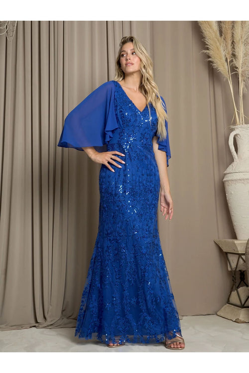 Eva USA 5255 Long Formal Mother of the Bride Cape Dress - Royal / S - Mother of the Bride Dresses