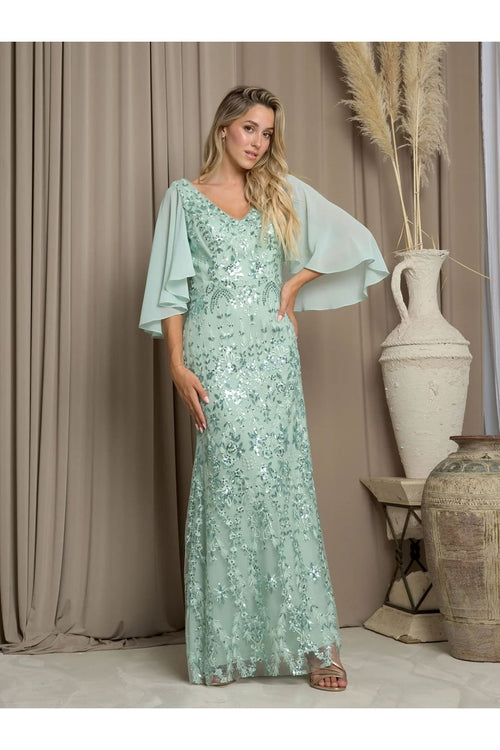 Eva USA 5255 Long Formal Mother of the Bride Cape Dress - Sage / S - Mother of the Bride Dresses