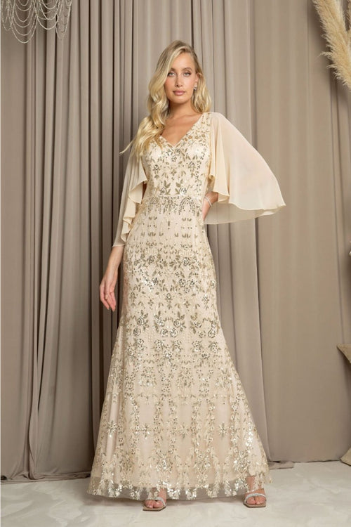 Eva USA 5255 V-Neck Sequin Embellished MOB Formal Gown - CHAMPAGNE / S - Dress