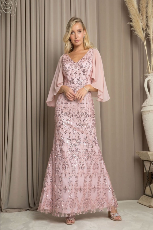 Eva USA 5255 V-Neck Sequin Embellished MOB Formal Gown - D.ROSE / S - Dress