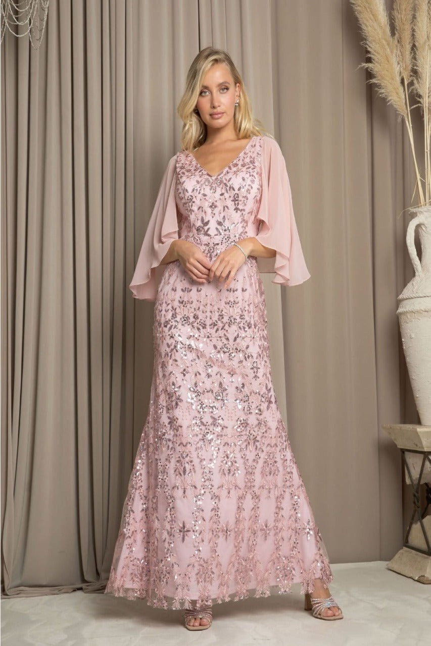 Eva USA 5255 V-Neck Sequin Embellished MOB Formal Gown - D.ROSE / S - Dress