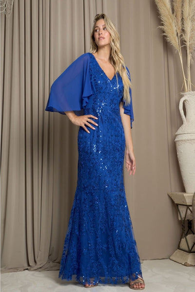 Eva USA 5255 V-Neck Sequin Embellished MOB Formal Gown - ROYAL / S - Dress