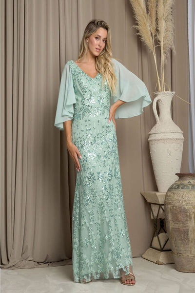 Eva USA 5255 V-Neck Sequin Embellished MOB Formal Gown - SAGE / S - Dress