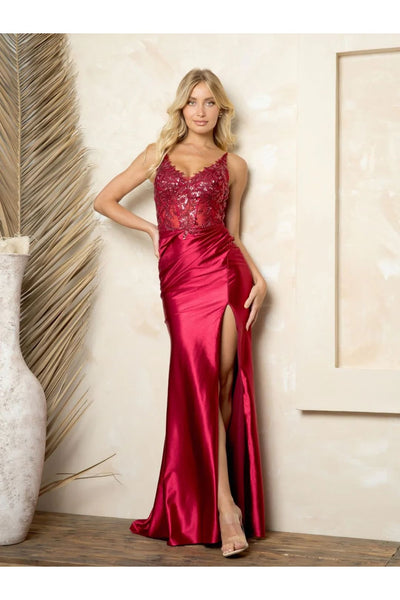 Eva USA 5256 Long Fitted Beaded Formal Prom Dress - Burgundy / XS - Prom Dresses