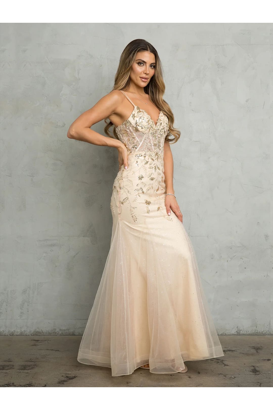 Eva USA 5257 Long Fitted Beaded Sequin Formal Prom Dress - Champagne / XS - Prom Dresses