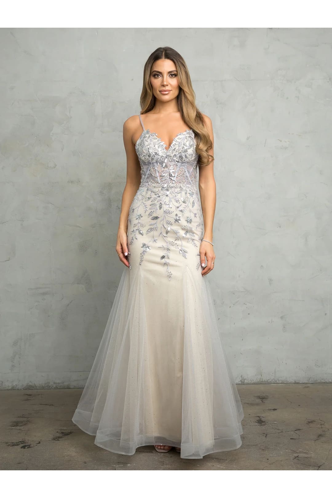 Eva USA 5257 Long Fitted Beaded Sequin Formal Prom Dress - Platinum / XS - Prom Dresses