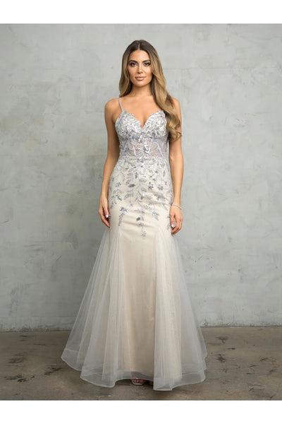 Eva USA 5257 Long Fitted Beaded Sequin Formal Prom Dress - Platinum / XS - Prom Dresses