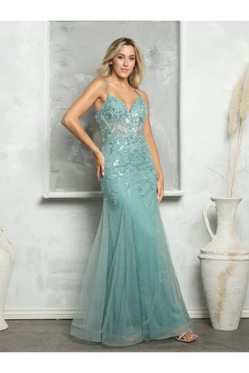 Eva USA 5257 Long Fitted Beaded Sequin Formal Prom Dress - Sage / XS - Prom Dresses