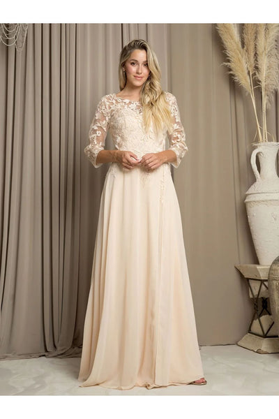 Eva USA 5258 Long A Line Mother of the Bride Formal Dress - Champagne / S - Mother of the Bride Dresses