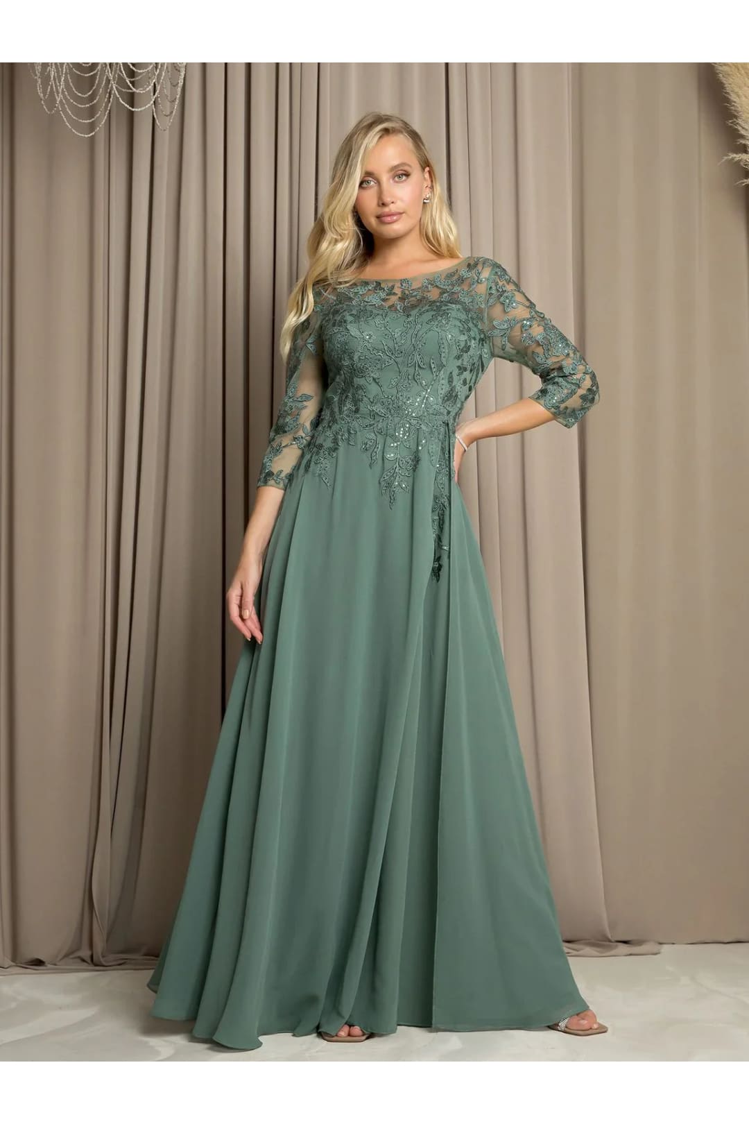 Eva USA 5258 Long A Line Mother of the Bride Formal Dress - Eucalyptus / S - Mother of the Bride Dresses