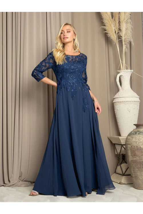 Eva USA 5258 Long A Line Mother of the Bride Formal Dress - Navy / S - Mother of the Bride Dresses