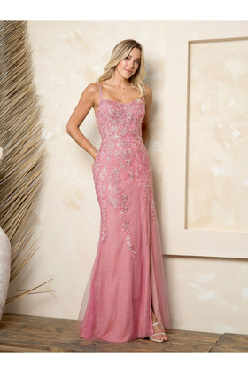Eva USA 5259 Long Slit Lace Formal Prom Dress