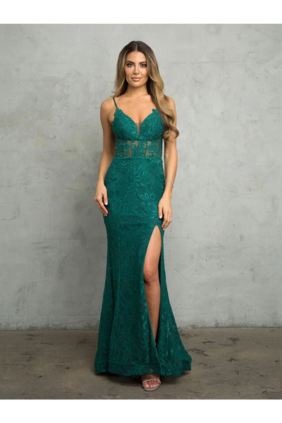 Eva USA 5260 Long Formal Fitted Evening Prom Dress - Hunter Green / XS - Prom Dresses