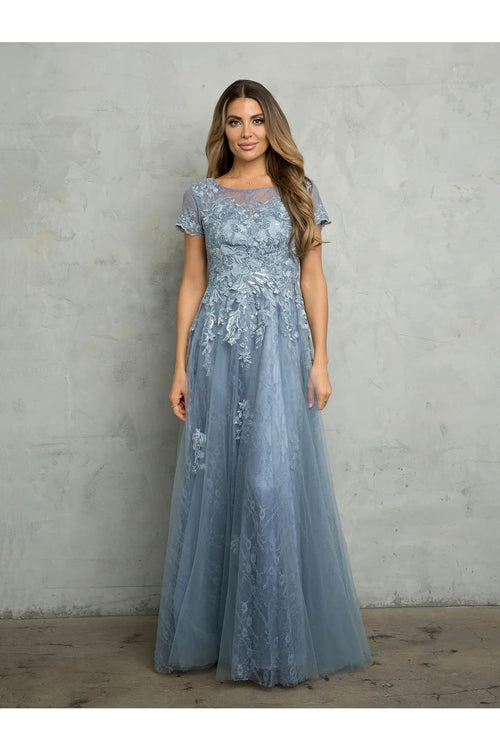 Eva USA 5261 Long Formal Mother of the Bride A Line Dress - Dusty Blue / S - Mother of the Bride Dresses