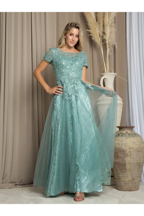 Eva USA 5261 Long Formal Mother of the Bride A Line Dress - Sage / S - Mother of the Bride Dresses