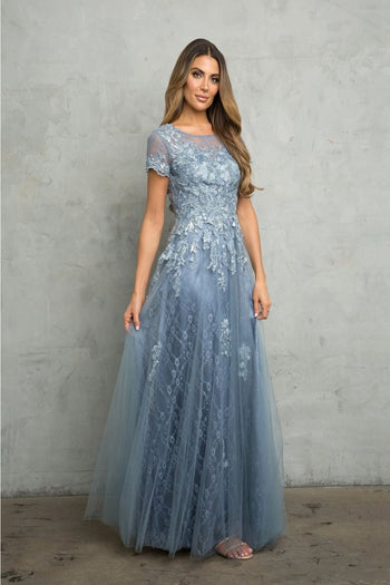 Eva USA 5261 Monochrome Applique Tulle Mother of the Bride Gown - DUSTY BLUE / S - Dress