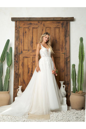 Eva USA 5262 Simple Long A Line Glitter Wedding Dress - Wedding Dresses