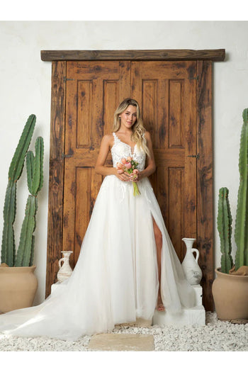 Eva USA 5262 Simple Long A Line Glitter Wedding Dress - Ivory / XS - Wedding Dresses