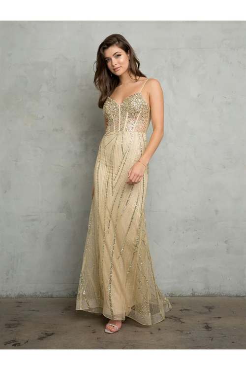 Eva USA 5263 Glitter Long Evening Formal Prom Dress - Champagne / XS - Prom Dresses