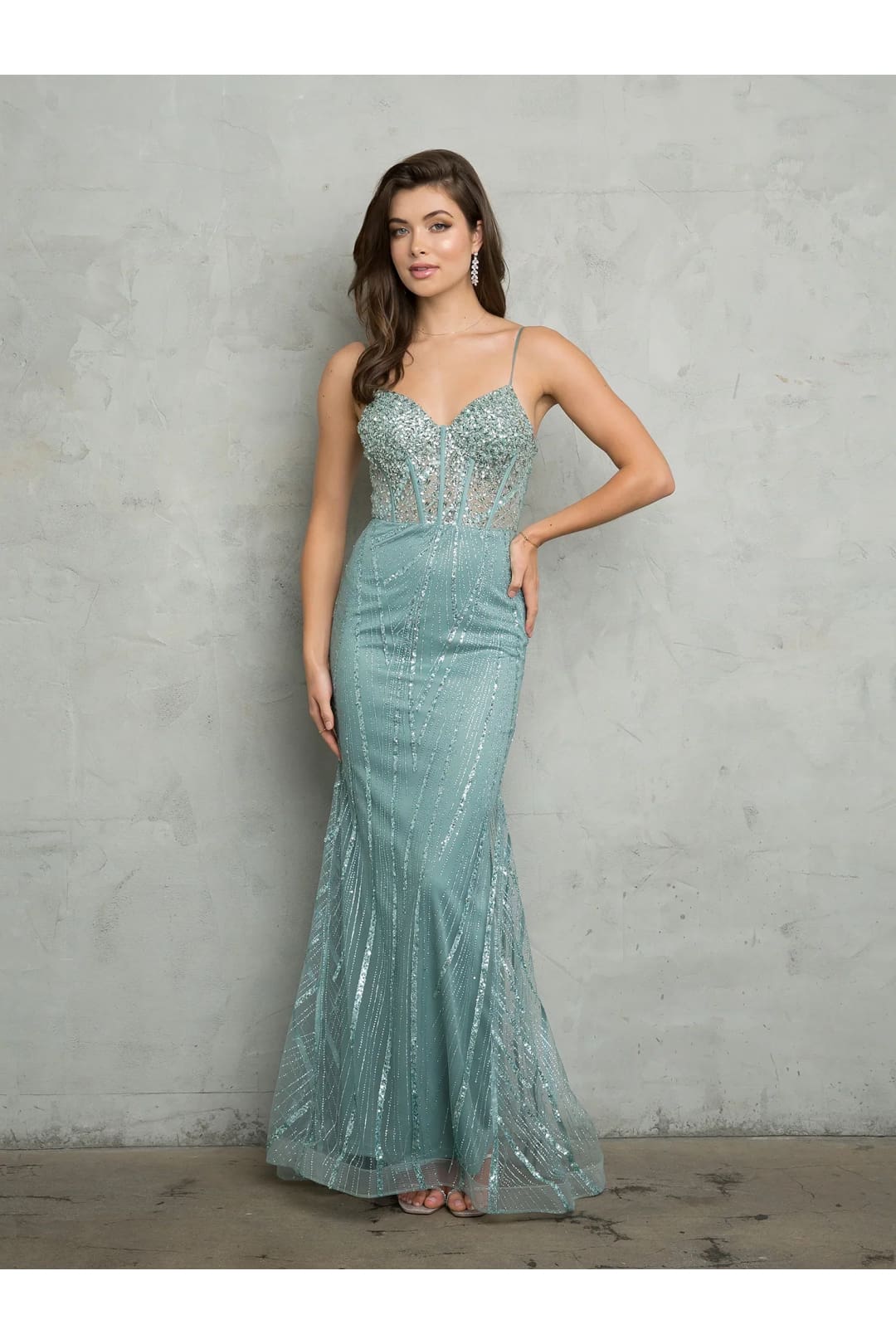 Eva USA 5263 Glitter Long Evening Formal Prom Dress - Sage / XS - Prom Dresses