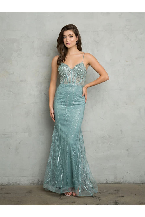 Eva USA 5263 Glitter Long Evening Formal Prom Dress - Sage / XS - Prom Dresses