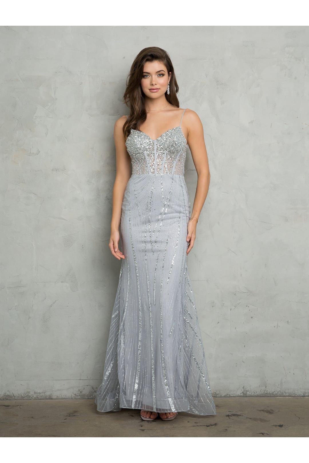 Eva USA 5263 Glitter Long Evening Formal Prom Dress - Silver / XS - Prom Dresses