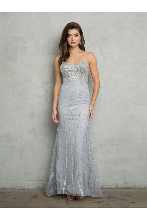Eva USA 5263 Glitter Long Evening Formal Prom Dress - Silver / XS - Prom Dresses