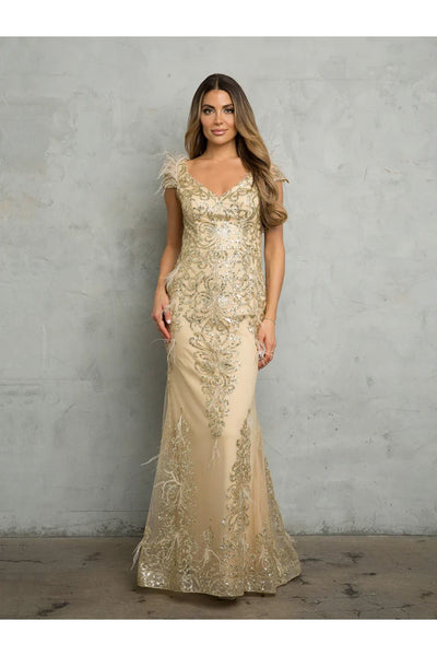 Eva USA 5264 Fitted Long Formal Glitter Evening Dress - Champagne / S - Mother of the Bride Dresses