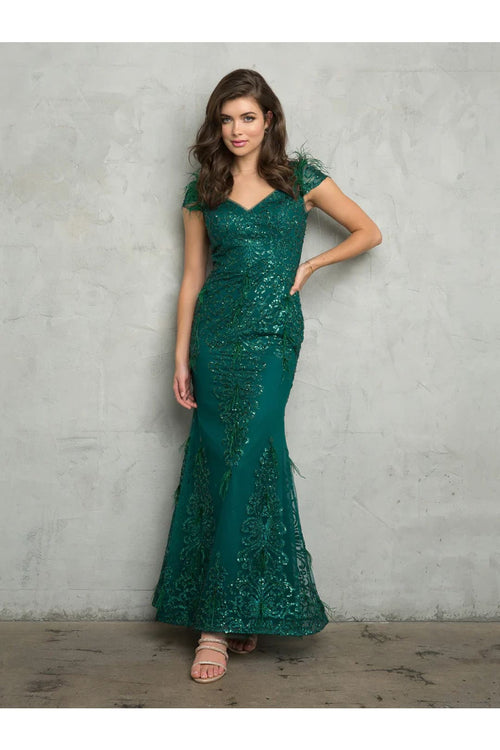 Eva USA 5264 Fitted Long Formal Glitter Evening Dress - Hunter Green / S - Mother of the Bride Dresses