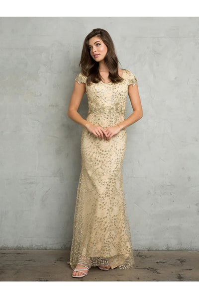 Eva USA 5266 Long Formal Glitter Applique Evening Dress - Champagne / S - Mother of the Bride Dresses