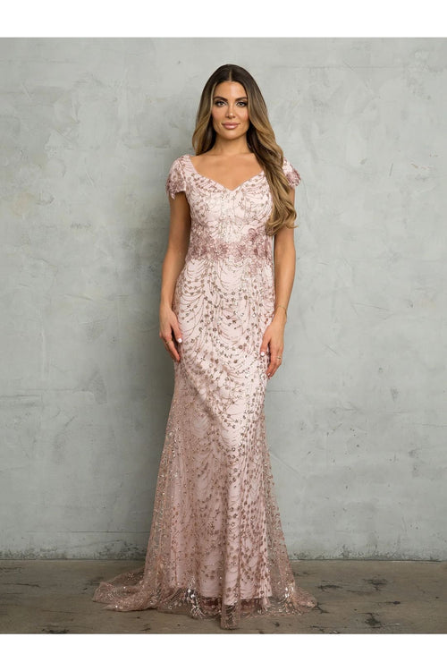 Eva USA 5266 Long Formal Glitter Applique Evening Dress - Dusty Rose / S - Mother of the Bride Dresses