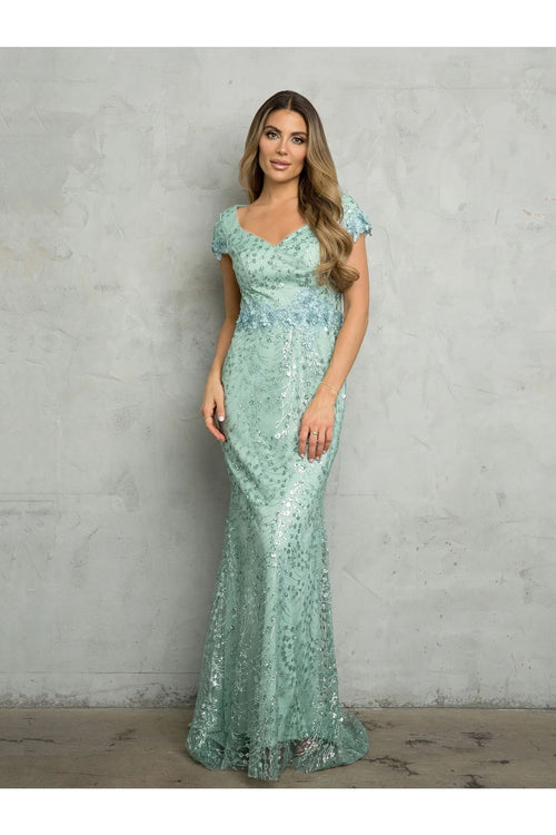 Eva USA 5266 Long Formal Glitter Applique Evening Dress - Sage / S - Mother of the Bride Dresses