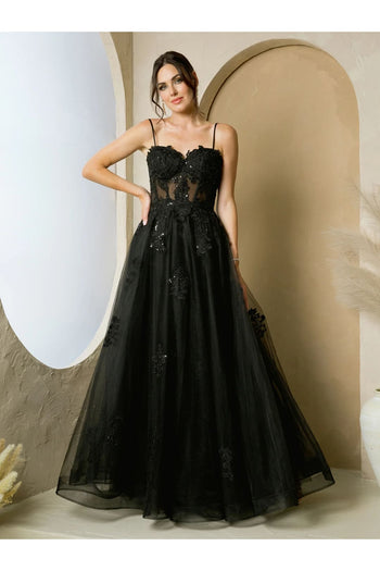 Eva USA 5270 Long A Line Formal Prom Dress - Black / XS - Prom Dresses