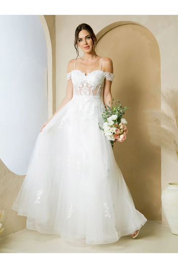 Eva USA 5270 Long Bridal A Line Removable Sleeve Wedding Dress - Off White / XS - Wedding Dresses