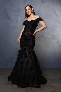 Evening Dress Off The Shoulder Feather Prom Gown By Royal Queen RQ8190 - BLACK/NUDE / 4 - Dress