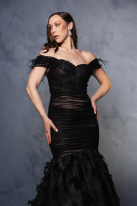 Evening Dress Off The Shoulder Feather Prom Gown By Royal Queen RQ8190 - Dress