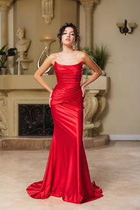 Evening Dress Straight Across Mermaid Gown By May Queen MQ2156 - RED / 4 - Dress