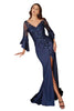 Evening Gala Gown 2025 V-Neck Embroidery Bell Sleeves Long Dress - NAVY / M - Dress